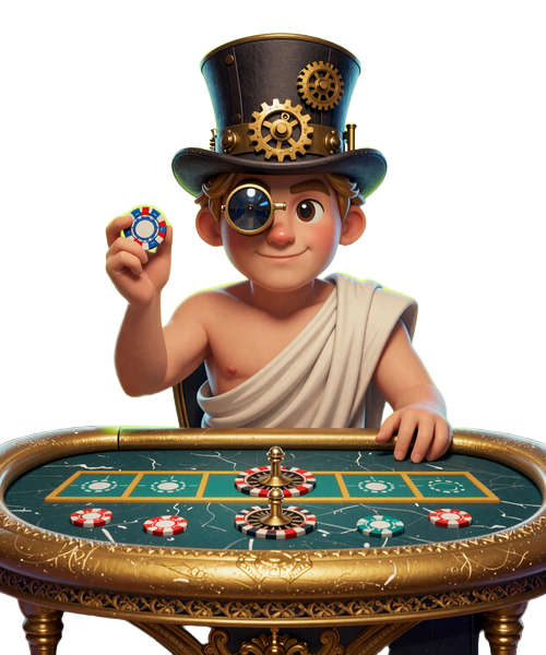 Yep Casino Maskottchen am Live-Casino-Tisch mit Steampunk-Zylinder und goldenen Chips