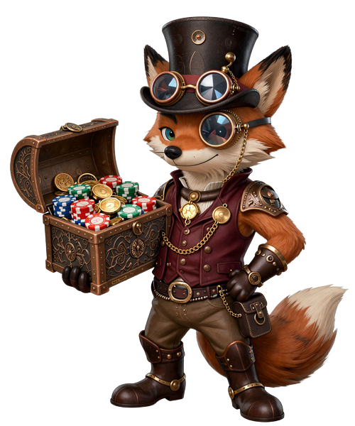 Yep Casino Steampunk-Maskottchen h&auml;lt eine Schatztruhe voller goldener Casino-Chips