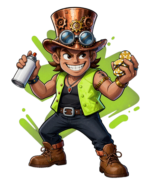 Yep Casino Maskottchen im Graffiti-Stil mit Steampunk-Zylinder und Casino-Chips