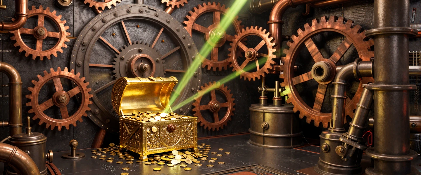 Yep Casino Willkommensbonus Steampunk-Tresor mit goldenen M&uuml;nzen und Kupfer-Zahnr&auml;dern